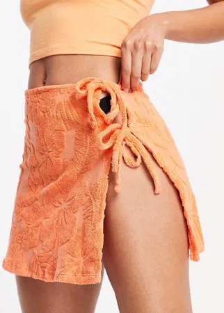 Оранжевая мини-юбка из махровой ткани с запахом и цветочным принтом от комплекта Bershka-Оранжевый цвет
