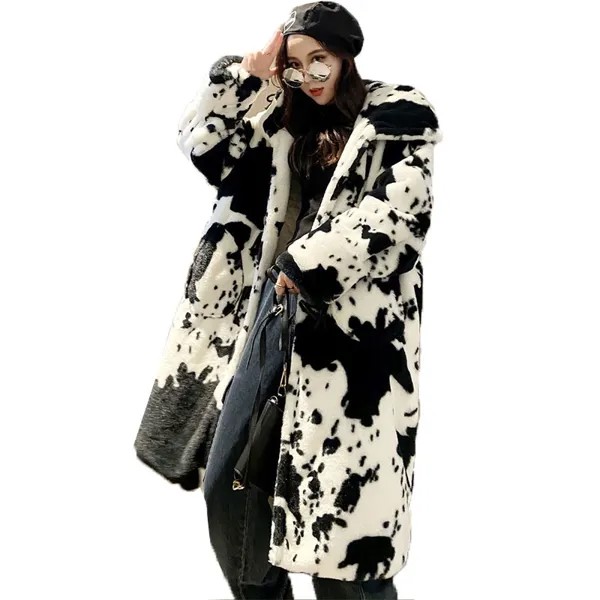 Женское меховое пальто, длинная куртка, толстовка с капюшоном, плотная и теплая, подходящая расцветка, зима, 2021