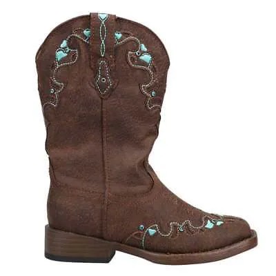 Roper Heart Embroidery Square Toe Cowboy Youth Girls Brown Casual Boots 09-018-