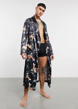 Атласный халат для дома с принтом рыбок от комплекта ASOS DESIGN-Черный цвет