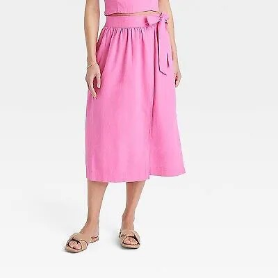Женская льняная юбка-трапеция с запахом - A New Day Pink S