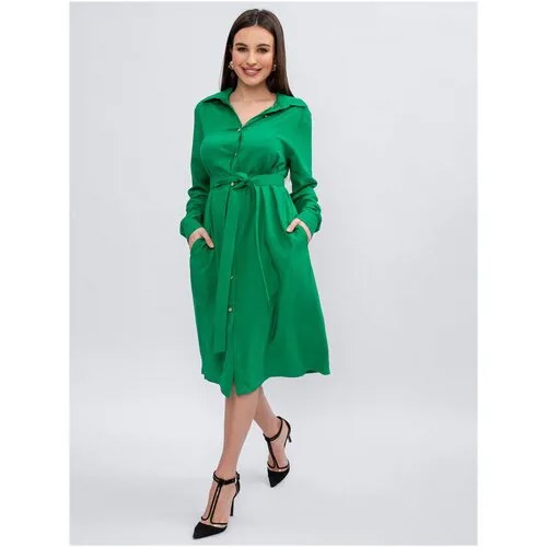 Платье-рубашка LaMi, вискоза, свободный силуэт, миди, карманы, размер 42, зеленый