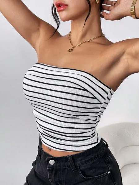 SHEIN Essnce женская рубашка без бретелек, плотная, трикотажная, в полоску, черный и белый