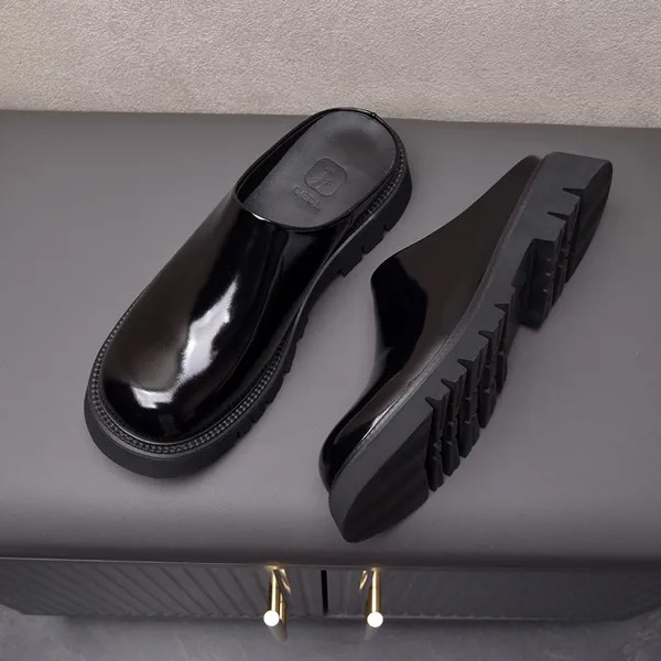 Мужские полутапочки из натуральной лакированной кожи, роскошная летняя черная семейная деловая обувь ручной работы, уличные сандалии