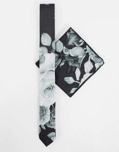 Узкий галстук и платок для нагрудного кармана с цветочным принтом Bolongaro Trevor-Черный цвет