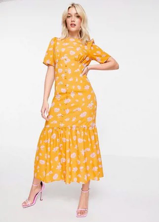 Оранжевое чайное платье миди с цветочным принтом и оборкой по нижнему краю ASOS DESIGN-Multi