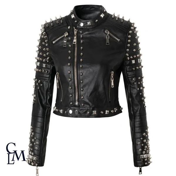 Женская кожаная куртка в стиле панк, черная короткая куртка из искусственной кожи с шипами в уличном стиле, 2021