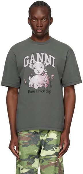 Серая свободная футболка с ягненком Ganni