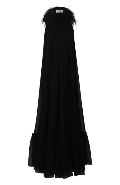 Шелковое платье с отделкой перьями Saint Laurent