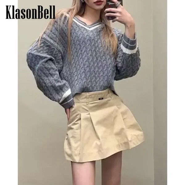 11,23 KlasonBell винтажный Повседневный шерстяной вязаный пуловер свитер пэчворк имитация двух частей плиссированное платье для женщин