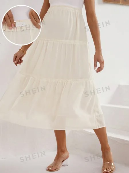 SHEIN Элегантная повседневная юбка-трапеция средней длины для беременных с рюшами по краю и эластичным поясом, абрикос