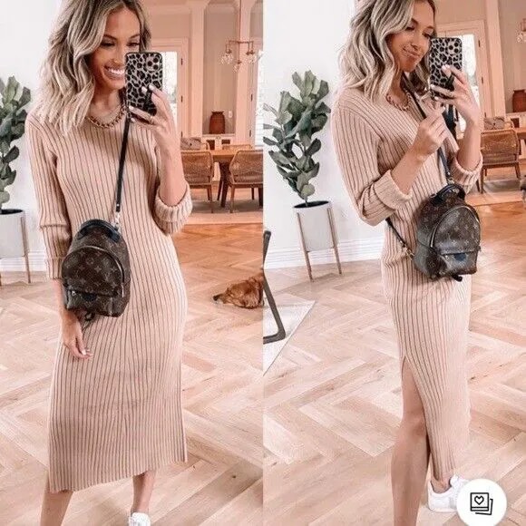 Коллекция WAYF x BFF Dede - Emily Светло-коричневое вязаное платье-свитер Hollie в рубчик S