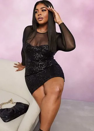 Черное платье мини с длинными рукавами и пайетками ASOS DESIGN Curve-Черный
