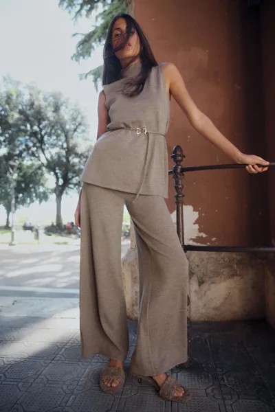 Мягкие широкие брюки из пике ZARA, коричневый мергель