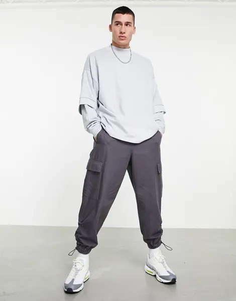 Двухслойный oversized-лонгслив серого цвета с высоким воротом ASOS DESIGN-Серый