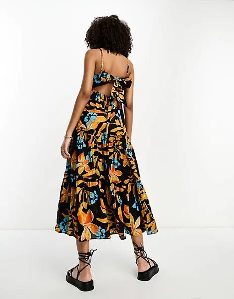 Черное пляжное платье макси с тропическим принтом River Island