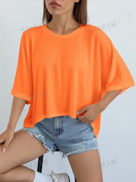 SHEIN EZwear Трикотажная футболка с короткими рукавами и неровным краем, апельсин
