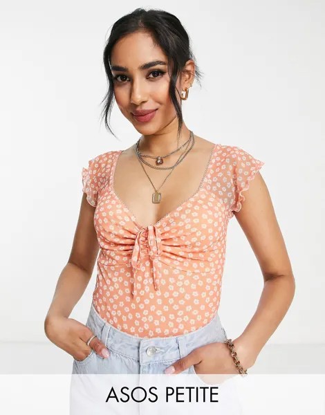 Сетчатое боди персикового цвета с цветочным принтом ASOS DESIGN Petite в стиле 90-х