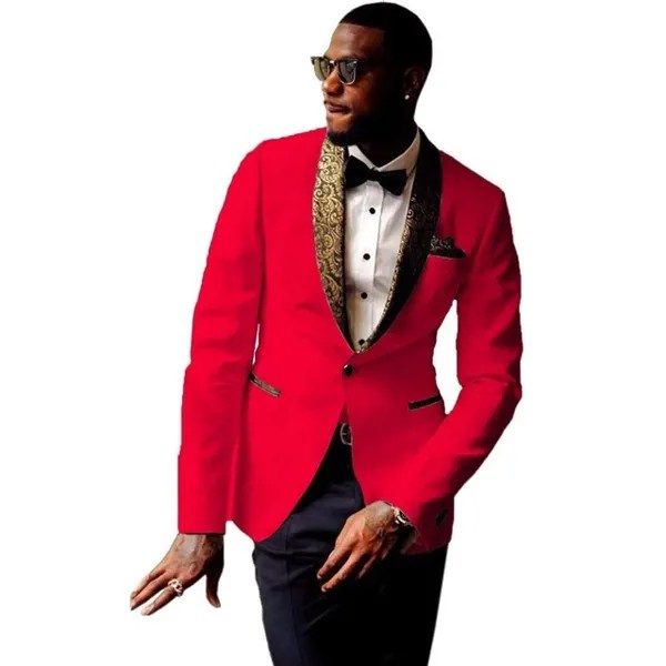 2021 Модный Красный Блейзер смокинги для жениха костюм для шафера мужской лучший мужской свадебный костюм золотые Цветочные отвороты костюм ...