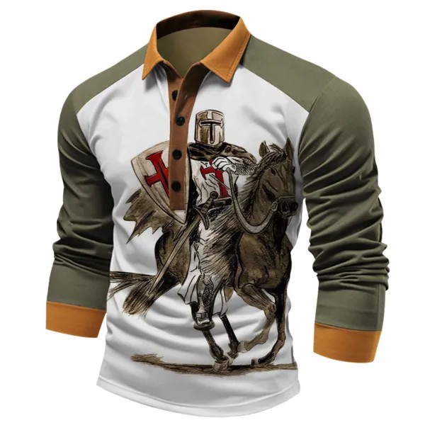 Мужская футболка Поло Длинный рукав Винтаж Knights Templar Цветные блоки Повседневные Топы Военно-зеленный