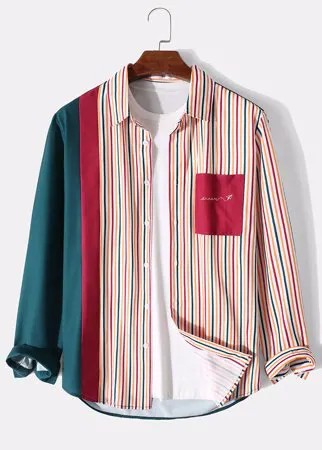 Мужские Colorful полосатые повседневные рубашки с лацканами в стиле пэчворк на пуговицах с карманом