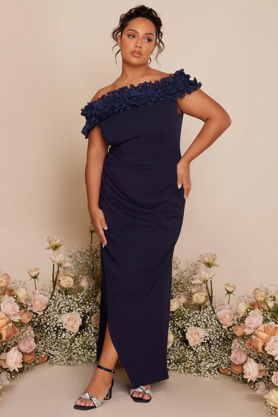 Платье макси Curve Navy с оборками и бардо QUIZ Clothing