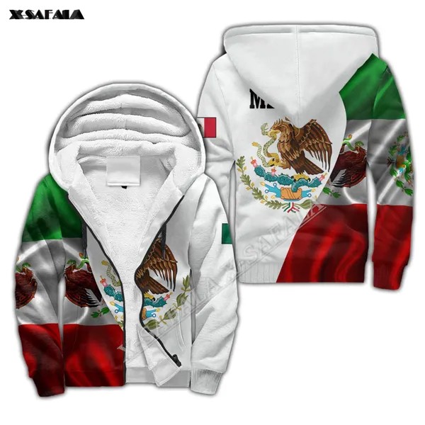 Мужская Флисовая Куртка с капюшоном, теплая Толстая ветрозащитная толстовка с капюшоном и флагом мексиканского орла и 3D принтом, верхняя од...
