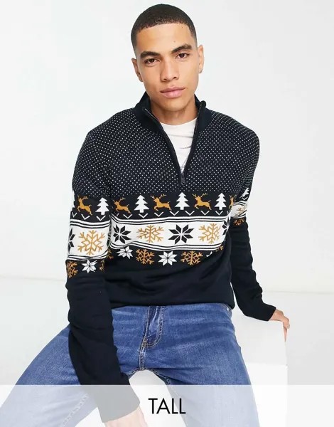 Темно-синий рождественский джемпер с молнией 1/4 Threadbare Tall Fairisle