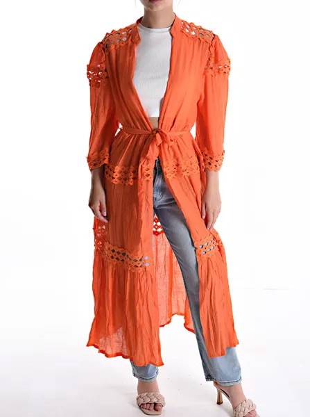 Хлопковое пальто дастер с кружевной отделкой и воланами с поясом, оранжевый