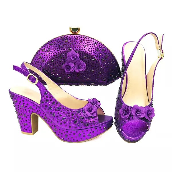 Комплект из туфель и сумочки, вечерние туфли с открытым носком, пикантные сандалии на высоком каблуке и клатч, сумочка, массивные туфли-лодочки, фиолетовый цвет