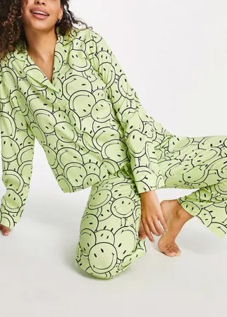 Пижамный комплект из рубашки с длинными рукавами и брюк из хлопка лаймового цвета с принтом смайлов ASOS DESIGN-Зеленый цвет