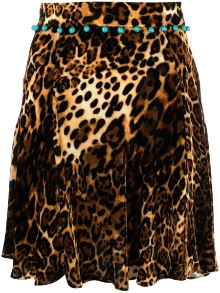 Roberto Cavalli бархатная юбка мини с принтом Ocelot, нейтральный цвет