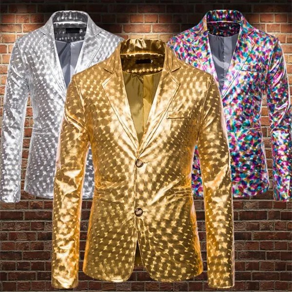 Лазерный блейзер с яркой поверхностью, мужские костюмы, дизайнерская Золотая куртка, Мужская сценическая одежда серебряного цвета, танцевальное платье в стиле Звезд B452