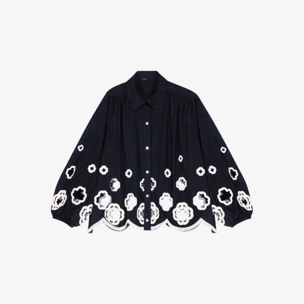 Рубашка свободного кроя из хлопка clover ажурной вязки крючком Maje, цвет noir / gris