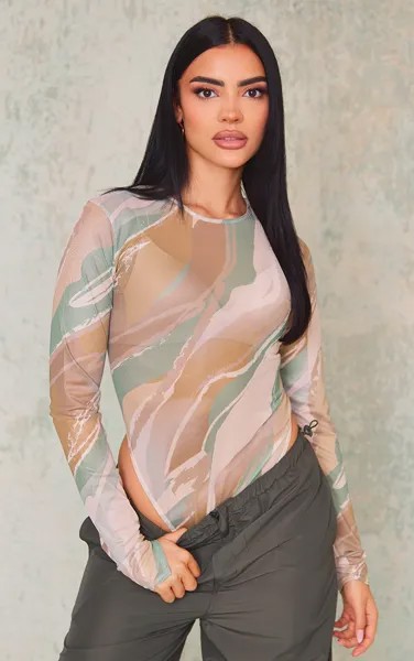 PrettyLittleThing Кремовый сетчатый боди с абстрактным принтом и высокими штанинами