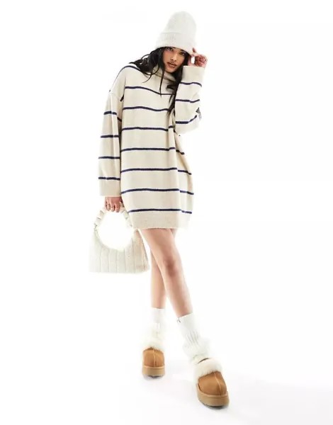 Вязаное платье-свитер песочно-бежевого цвета с полосками и водолазкой Pull&Bear