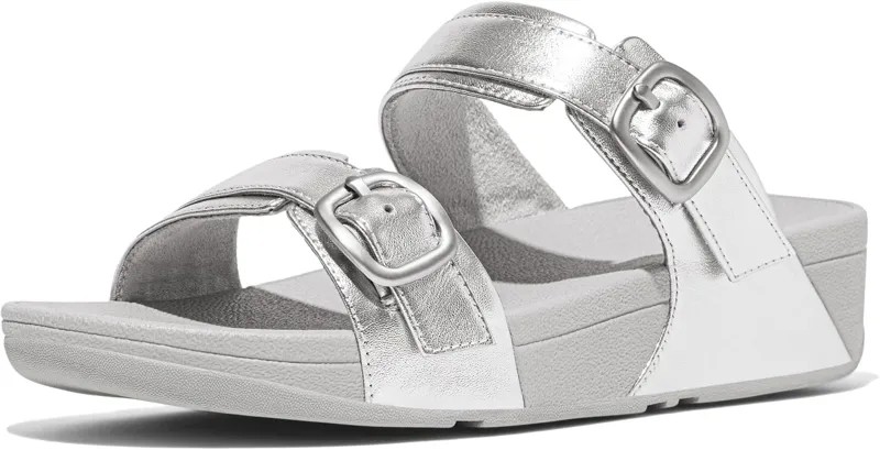 Сандалии FitFlop Lulu Adjustable-Buckle Metallic-Leather Slides, серебряный