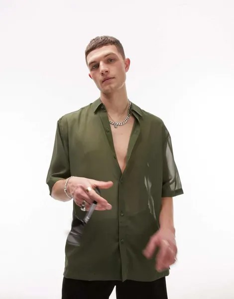 Прозрачная рубашка на пуговицах с короткими рукавами Topman цвета хаки