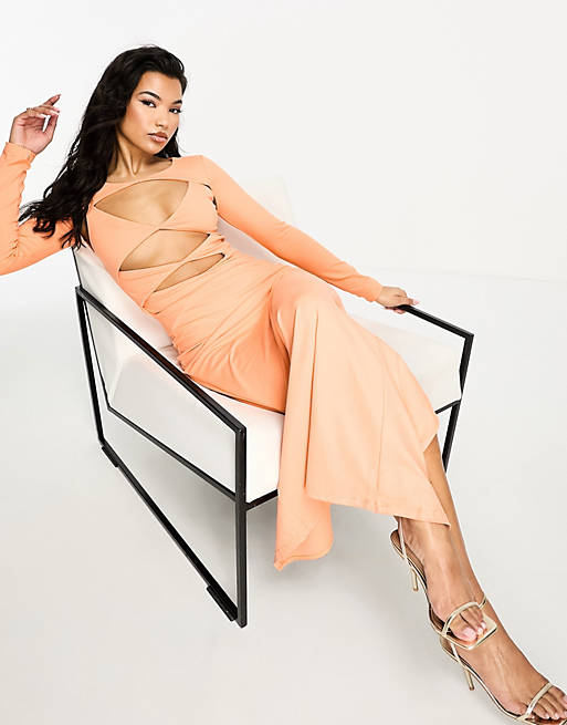 Оранжевое платье макси с вырезами Simmi