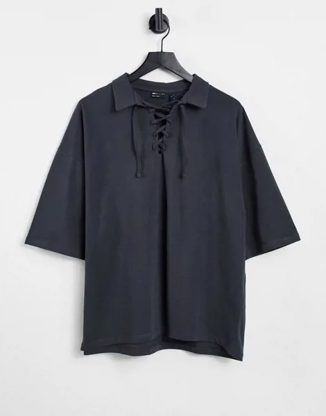 Выбеленная черная рубашка-поло в стиле oversized с рукавами до локтя и шнуровкой на вороте ASOS DESIGN-Коричневый цвет