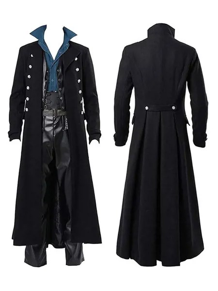 Milanoo Men Black Long Coat Vintage Euro-Style Long Sleeves Polyester Polyester Fiber Overcoat Retro