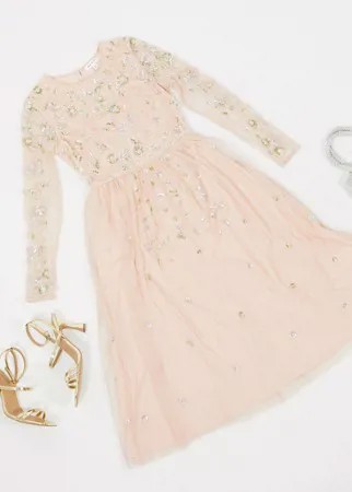 Светло-розовое платье миди с длинными рукавами и отделкой Frock & Frill-Розовый цвет