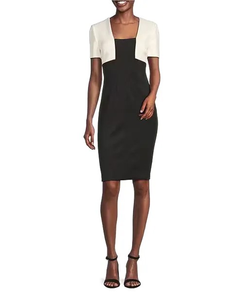 Новое элегантное платье-футляр Calvin Klein NWT ЧЕРНО-КРЕМОВОГО цвета с цветными блоками, размер 12