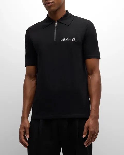 Мужская рубашка-поло на молнии с вышивкой Balmain, цвет Blk/White