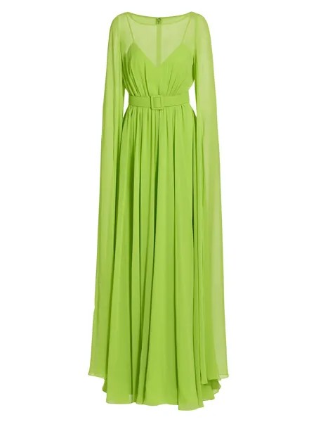 Шифоновое платье с рукавами-накидкой Badgley Mischka, лаймовый