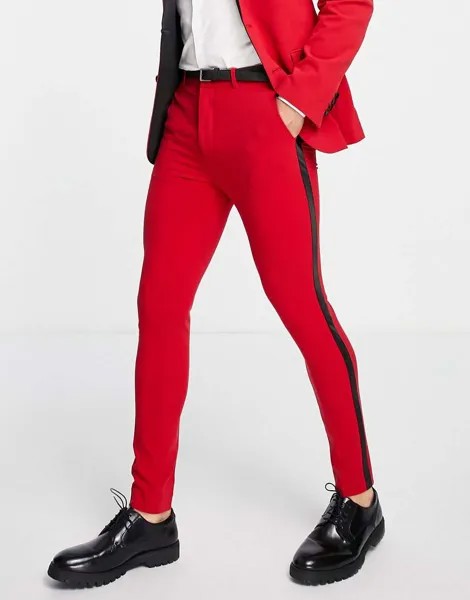 Красные суперузкие брюки-смокинг с атласными полосками по бокам ASOS DESIGN