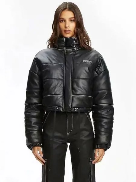 Milanoo Puffer Coats For Women Black Removable Zipper Stand Collar Long Sleeves Two Tone Casual Wint