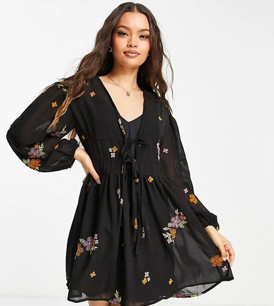Черное мягкое платье мини со сплошной вышивкой ASOS DESIGN Petite-Черный цвет