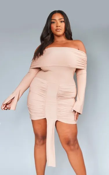 PrettyLittleThing Облегающее платье с бретельками и драпировкой Plus Taupe
