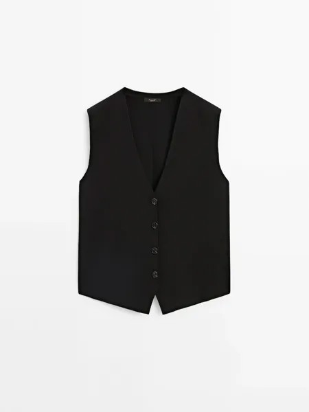 Вязаный жилет с пуговицами и вырезом Massimo Dutti, черный